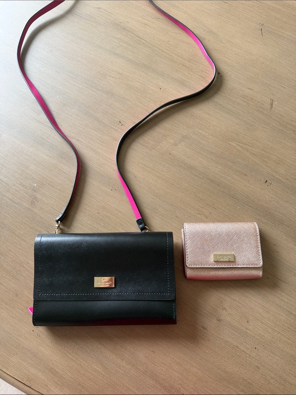 kate spade black crossbody with pink interior and matching gold wallet